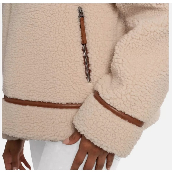 Final Markdown🎈 Bearpaw Ladies Moto Shearling Jacket Faux Leather Trim Cream Lg - Picture 3 of 6